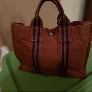 Hermes Brown Tote with Navy Stripes